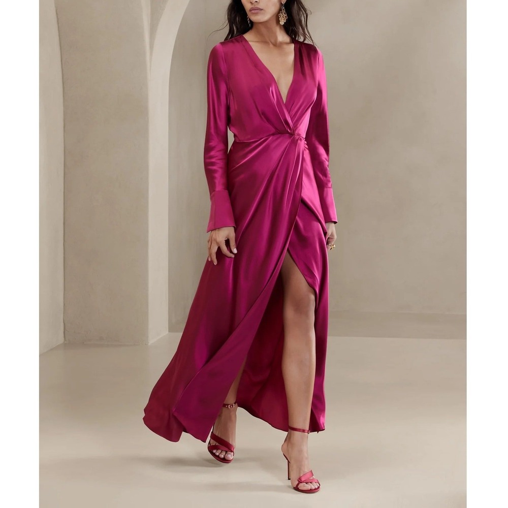 Banana Republic Etude Silk Maxi Dress Women 14 Berry Pink Wrap Long Sleeve Gown